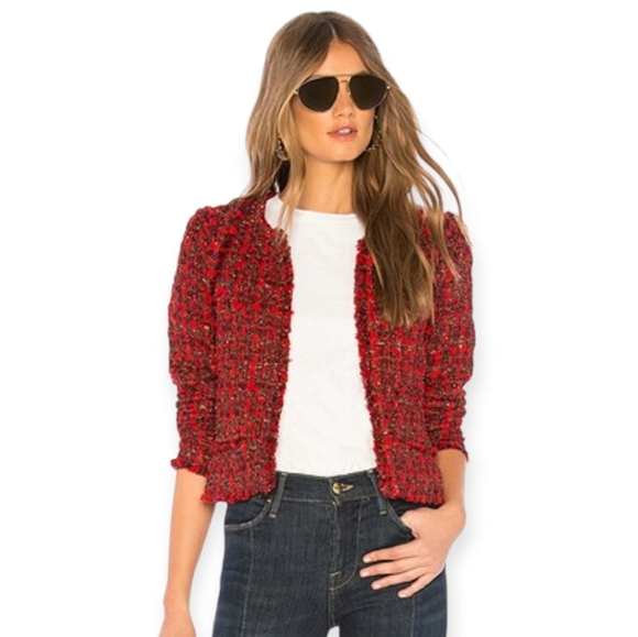 IRO Disco Frayed Metallic Bouclé-Tweed Blazer Jacket Red Wool Open Front 34 2 US - Picture 3 of 17